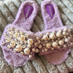 Jeffery Campbell Fuzzy Purple Pearl Embellished Slippers